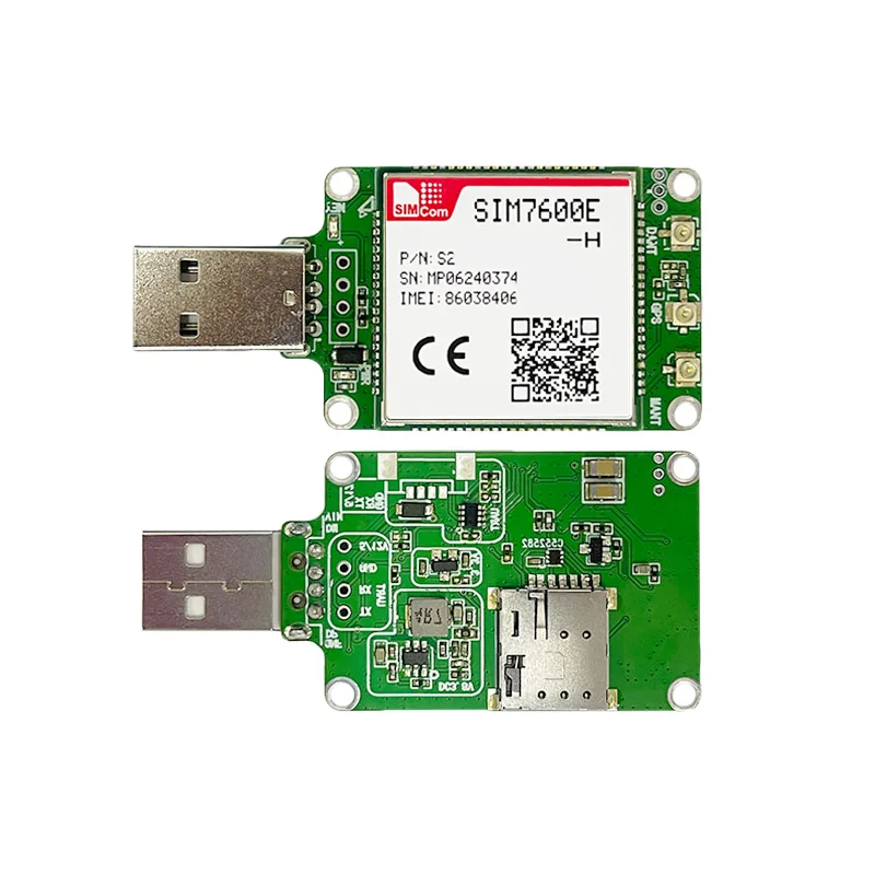 SIM7600E-H USB dongle reference, front and reverse PCB views