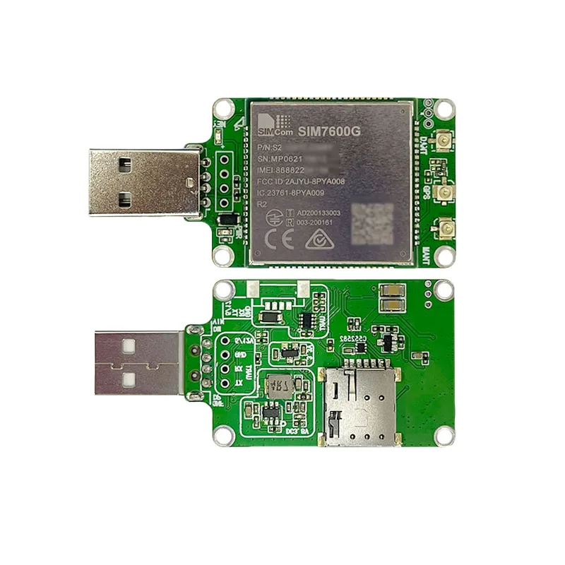 SIM7600G USB dongle reference, front and reverse PCB views