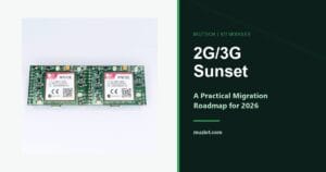 SIMCom A7672E Cat-1 module beside the 2G/3G sunset migration roadmap title