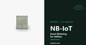 NB-IoT module next to a smart meter in a utility meter room with a cellular tower outside