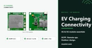 A Cat-1 LTE module with EV charging connectivity chips showing OCPP, 4G and eSIM