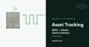 A GNSS module and a cellular module beside an asset tracker, with a duty-cycle waveform to represent battery life