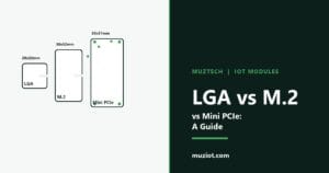 An LGA module, an M.2 card and a Mini PCIe card compared on a workbench