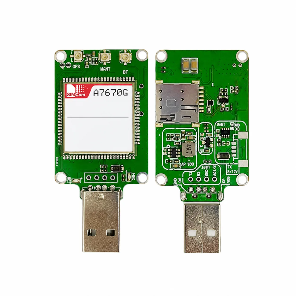 SIMCom A7670G USB Dongle reference platform, front and reverse PCB view