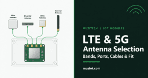 Conceptual illustration of four separate cellular and GNSS antenna paths, each with one schematic RF path; no connector type is implied.