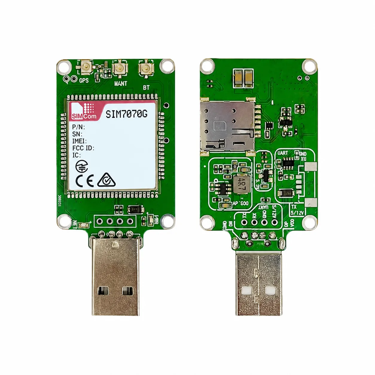 SIMCom SIM7070G USB Dongle reference platform, front and reverse PCB view