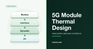Four heat-path stages labelled Module, Interface, Spreader and Air beside the 5G Module Thermal Design title.