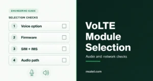 VoLTE selection checklist with four open items: voice option, firmware, SIM and IMS service, and audio path.